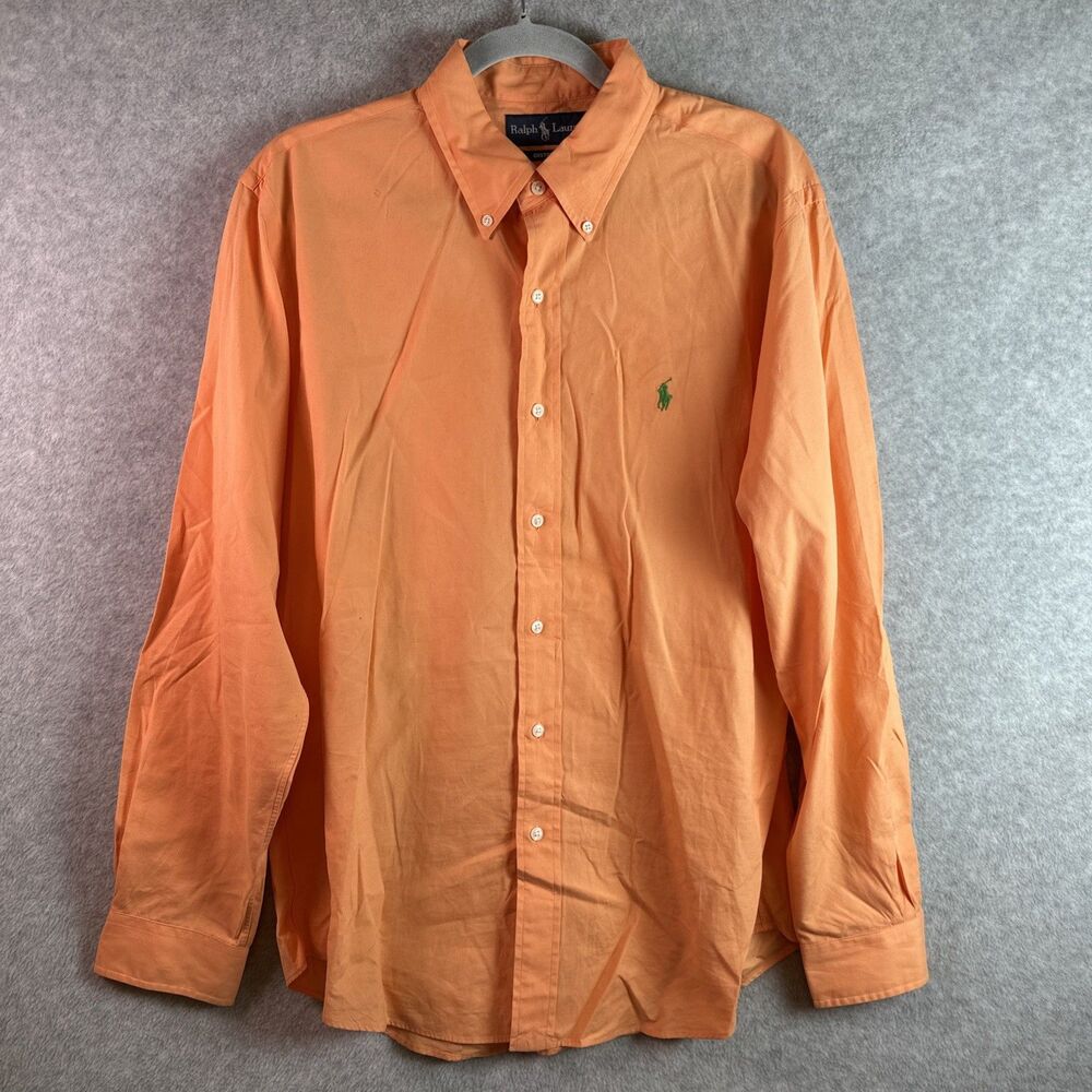 Ralph Lauren Men's Orange Peach Button Down Shirt Sz L Custom Fit Green Pony